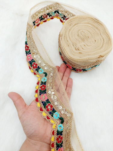 9 Yards Scallop Sequin Floral Border, Beige Shimmer Tissue Fabric Lace Trim Flowers Embroidery, Floral Sari Trimming